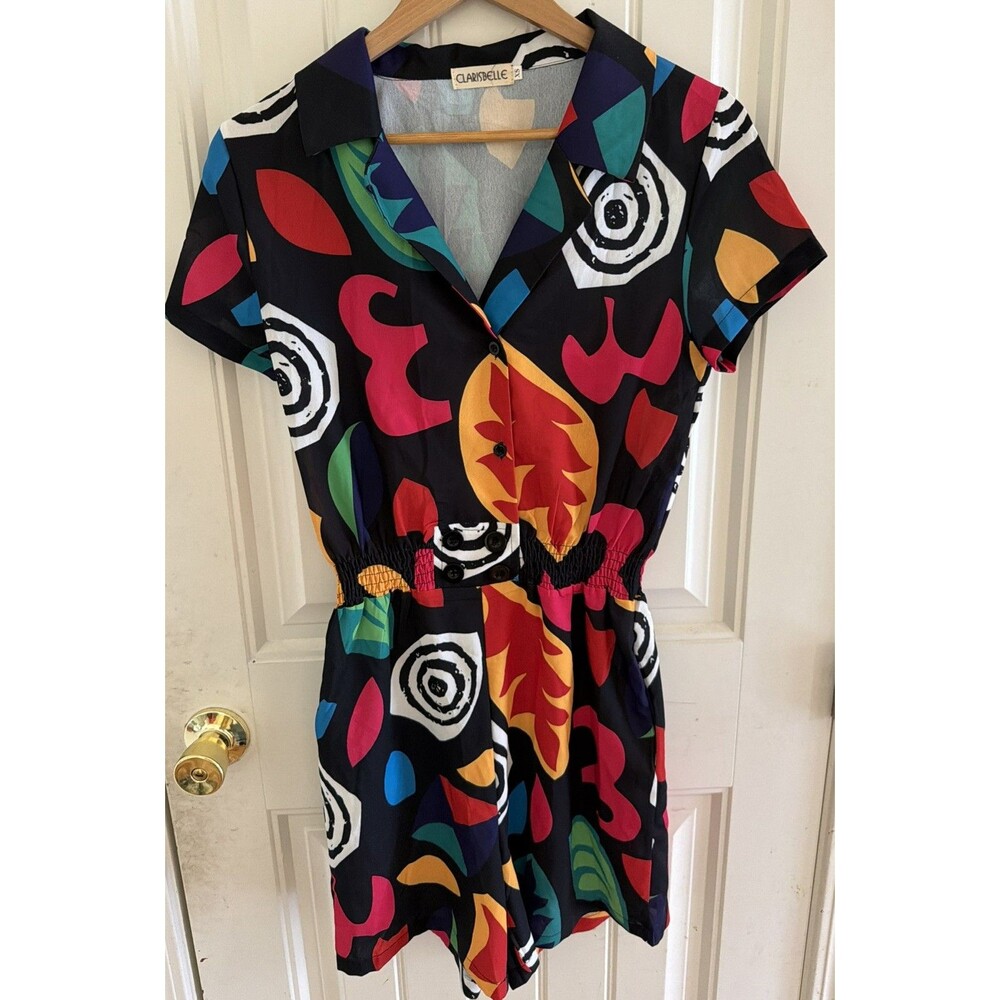 Clarisbelle Women’s XS Abstract Multicolor Button Front Romper Pockets